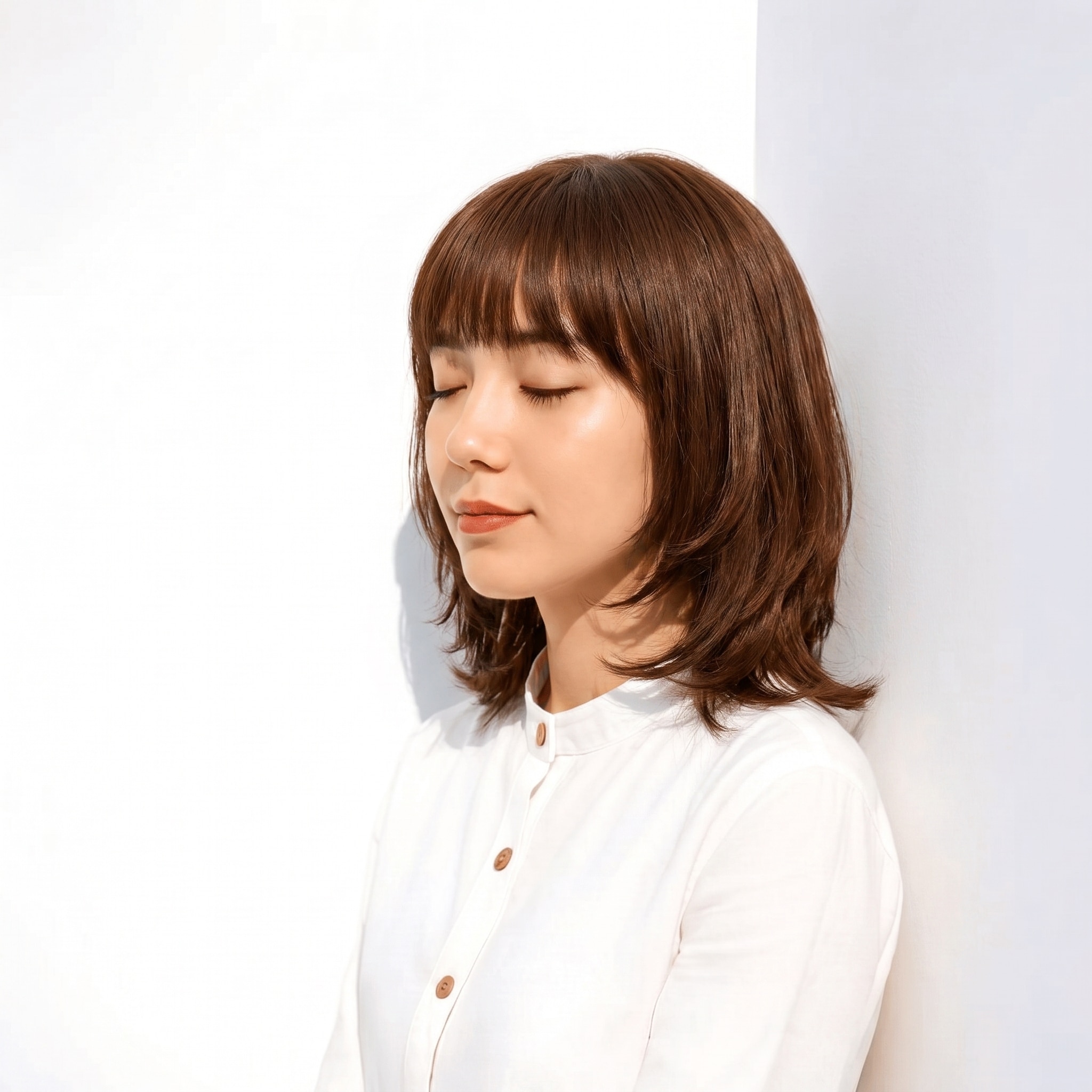 19. モカブラウン×レイヤーミディアム: こげ茶寄りの赤みブラウンで前髪ありでも重くなりにくい
