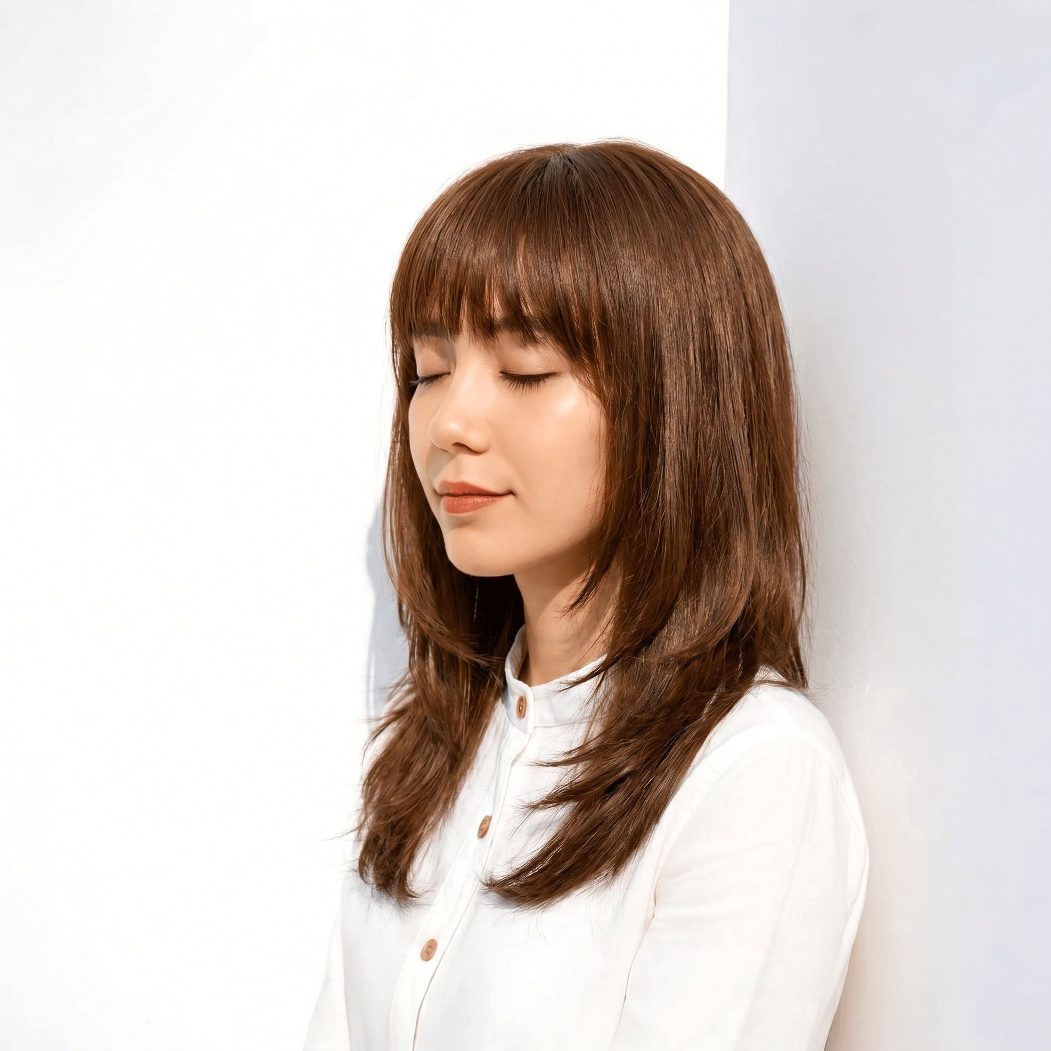 19. ライトブラウン×セミロング: 軽めレイヤーで動きが引き立つスタイル