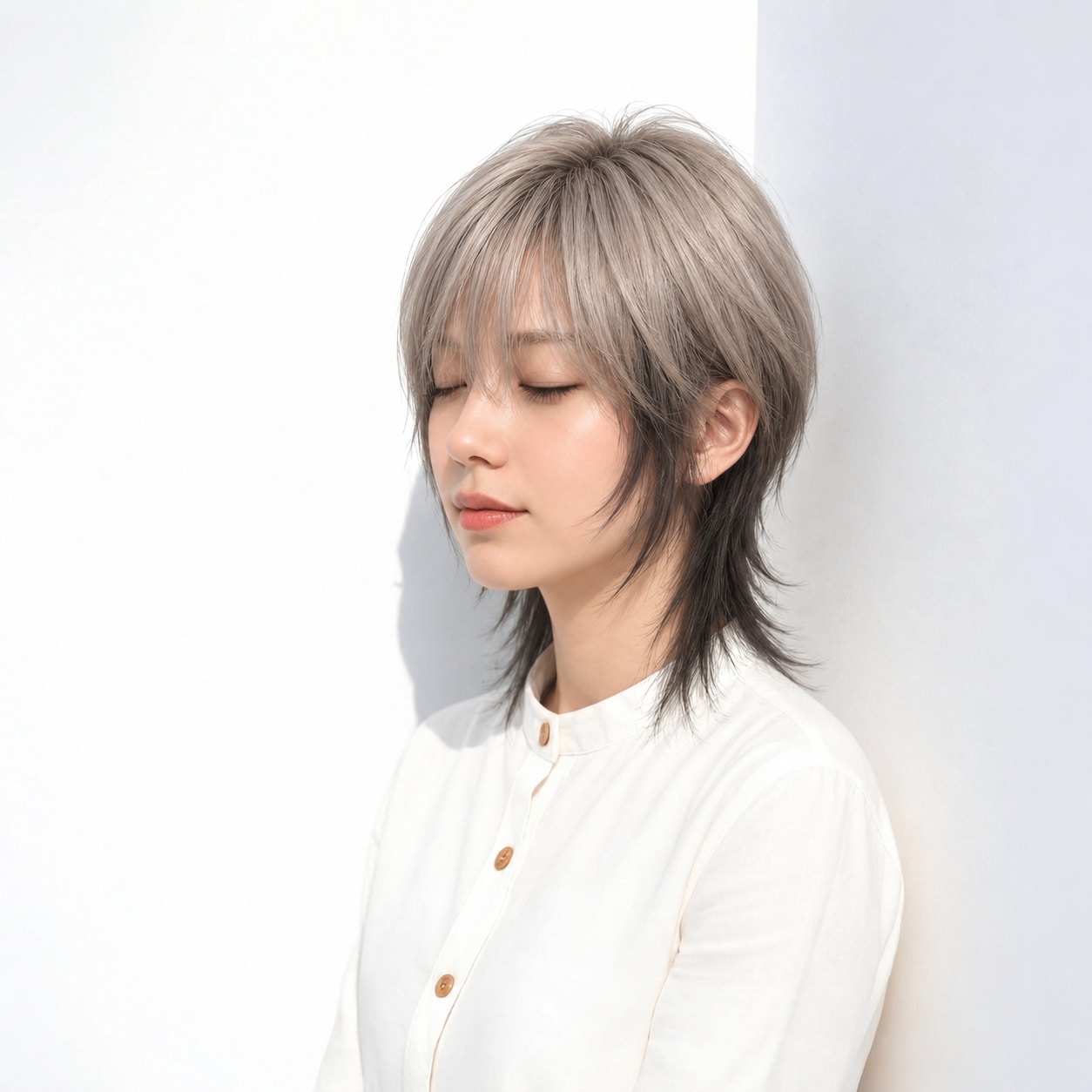 8. 中性ウルフ × 明暗ツートーン：襟足の暗色でシルエットが引き締まる