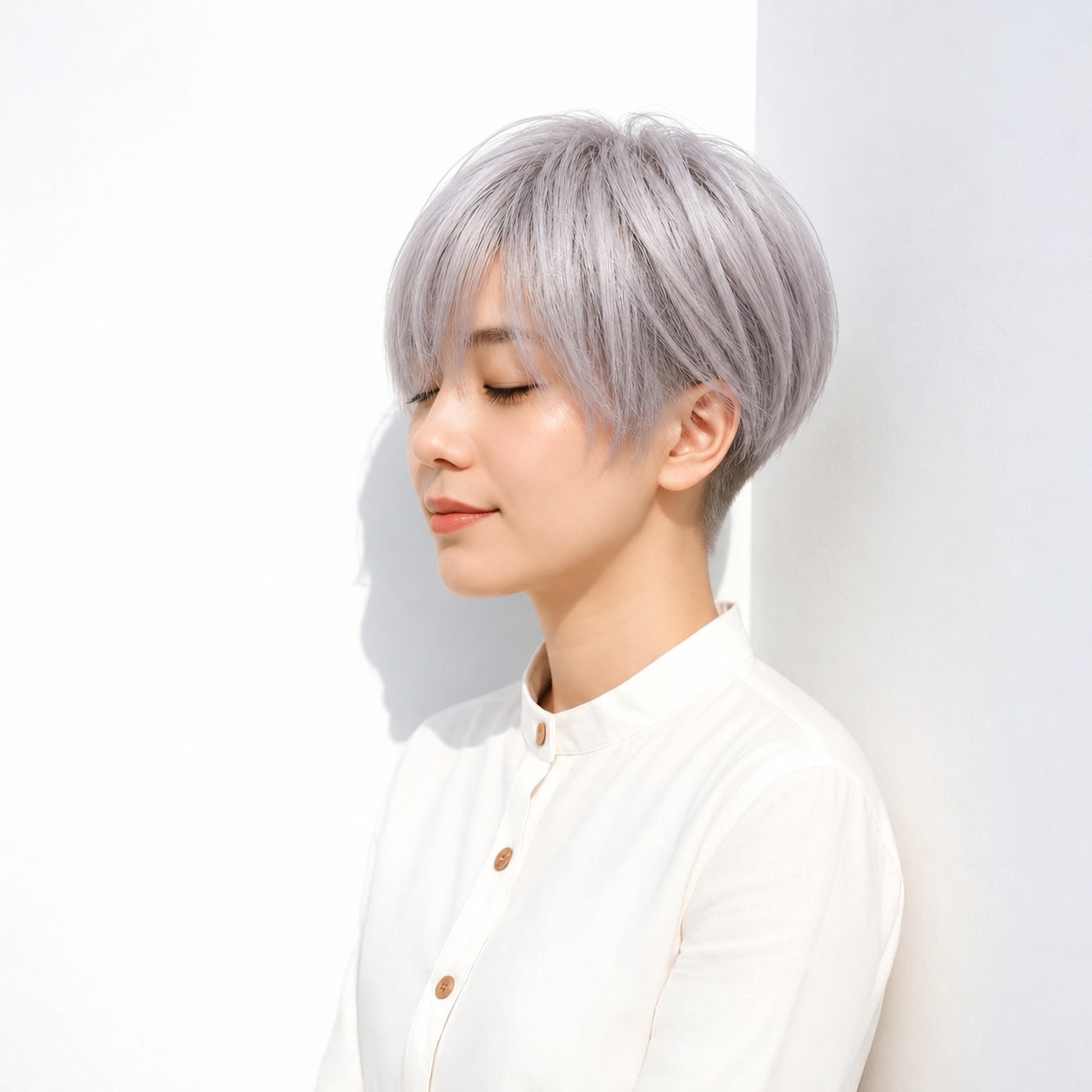 12. 刈り上げショート × ラベンダーシルバー：淡い髪色のやわらかさを残してすっきり見せる