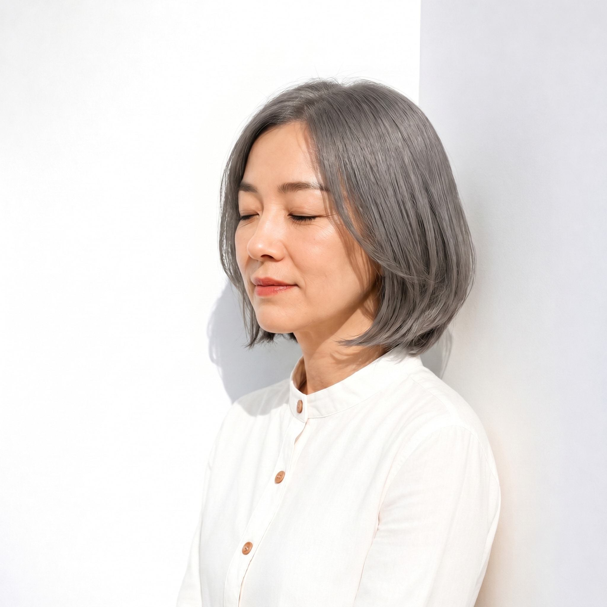 19. 前下がりミディアム：手ぐしで整えやすい丸みをキープ