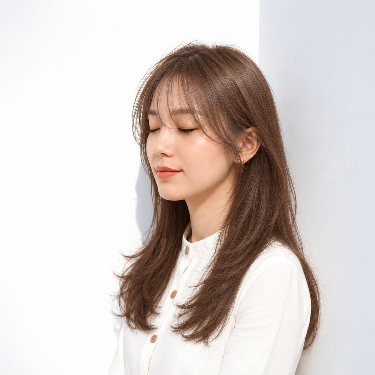 19. 流しシースルーバング × ブラウンロング：目元に穏やかな抜けを