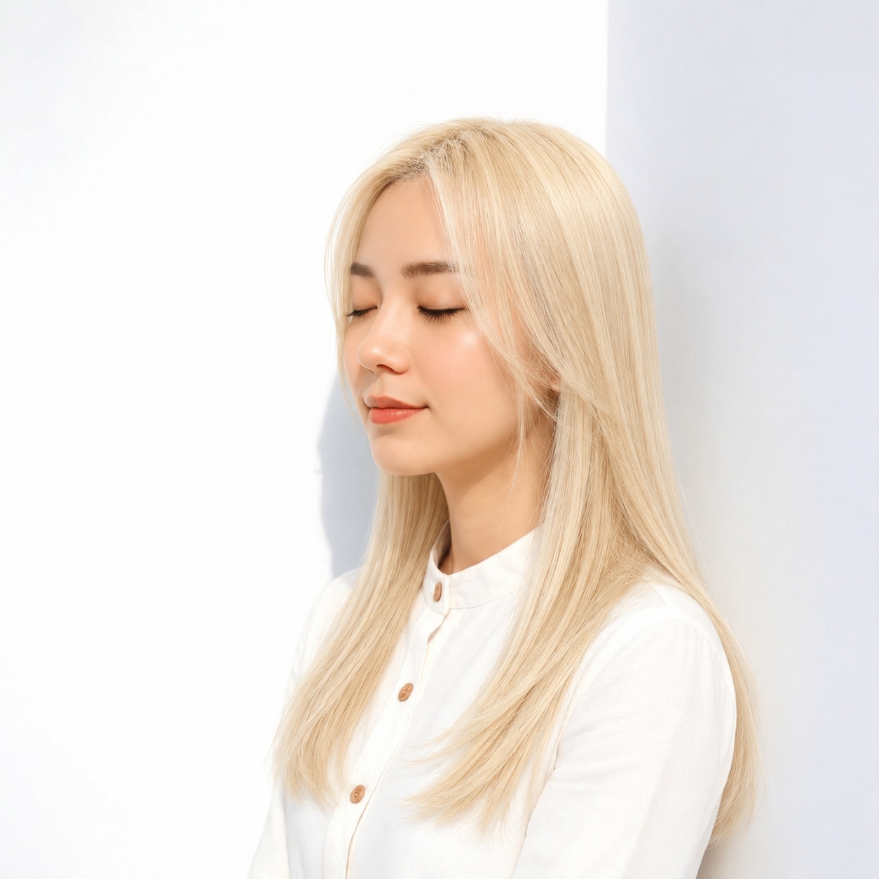 19. 淡いゴールドブロンド × ロングレイヤー：長さを軽く見せる色に