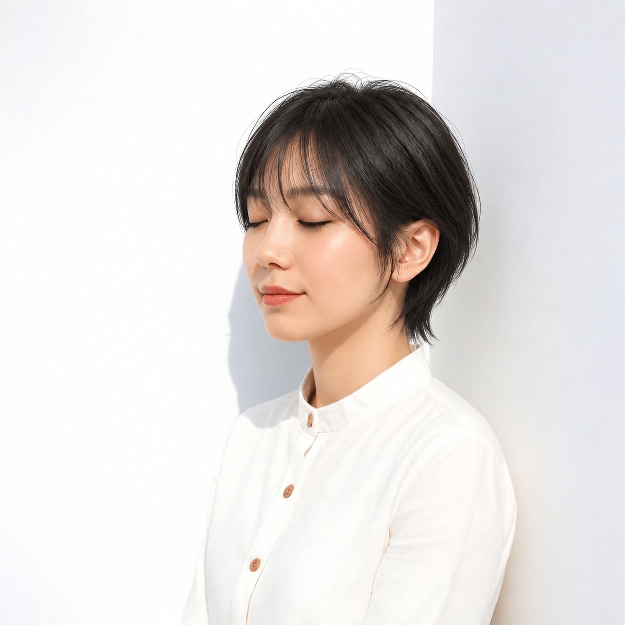 12. 黒髪ショート × ラフな襟足：細い襟足が黒髪にラフな動きをつける
