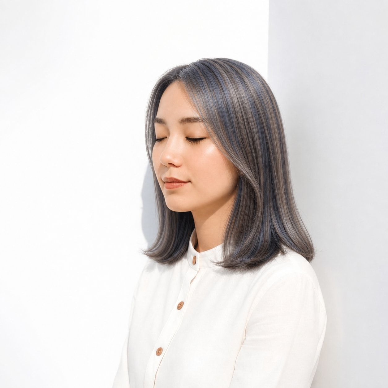 2. くすみブルー×ストレートボブ: 青みを含むグレージュで落ち着いた透明感が出る