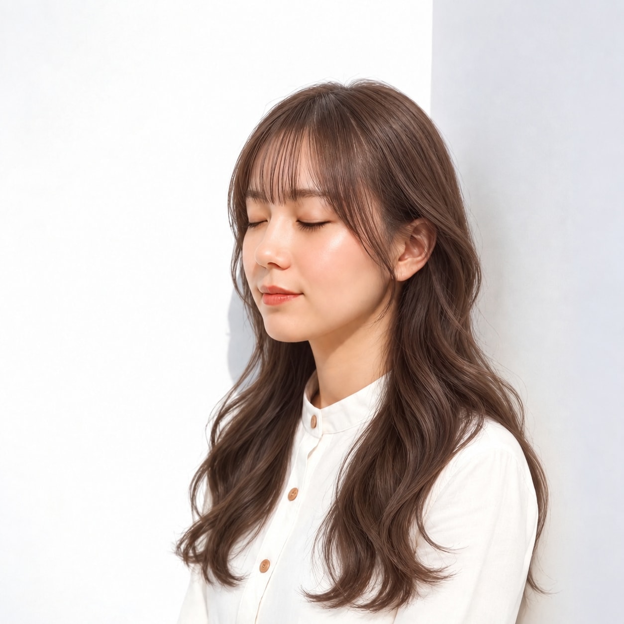2. ゆる巻きロング × シースルーバング：軽い前髪で華やかに