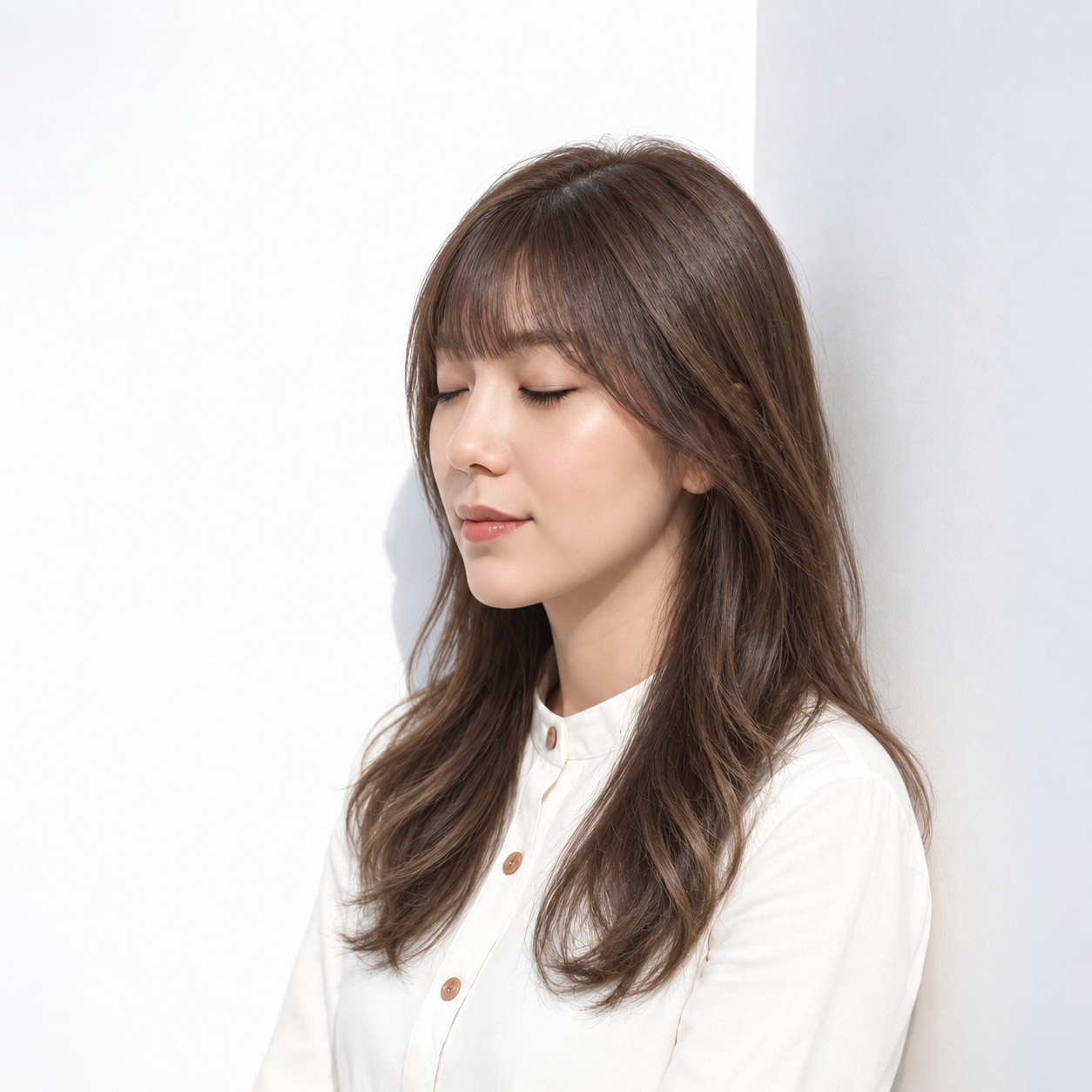 2. ゆる巻きロング × モカブラウン：厚め前髪で目元を縁取る