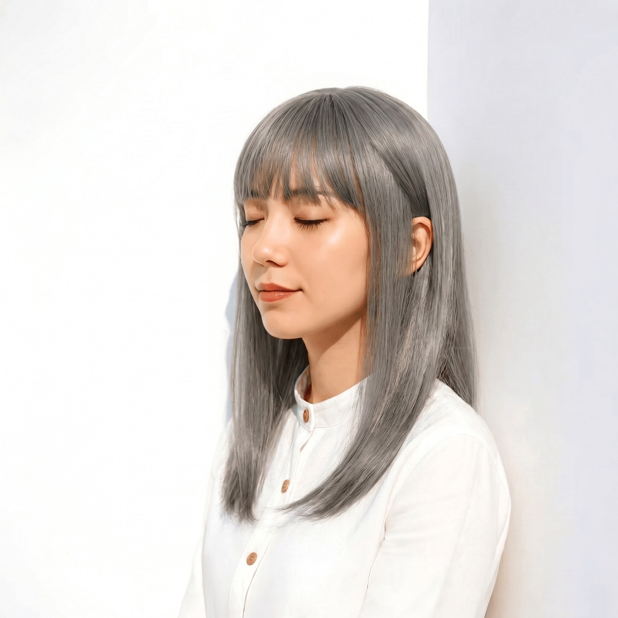 2. アイスグレージュ×ワンレン風ミディ: 直線的なシルエットに都会的な軽やかさをプラス