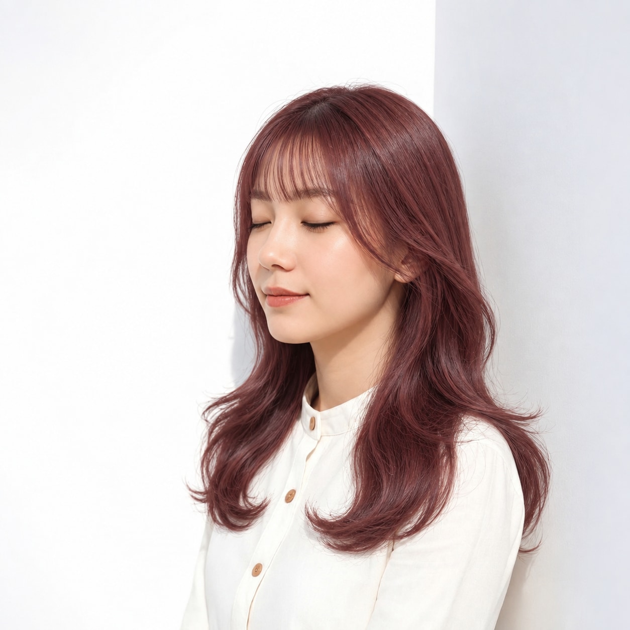 2. アイドル前髪 × サイドバング：前髪と横髪の境目が途切れず、顔まわりを自然に包みます