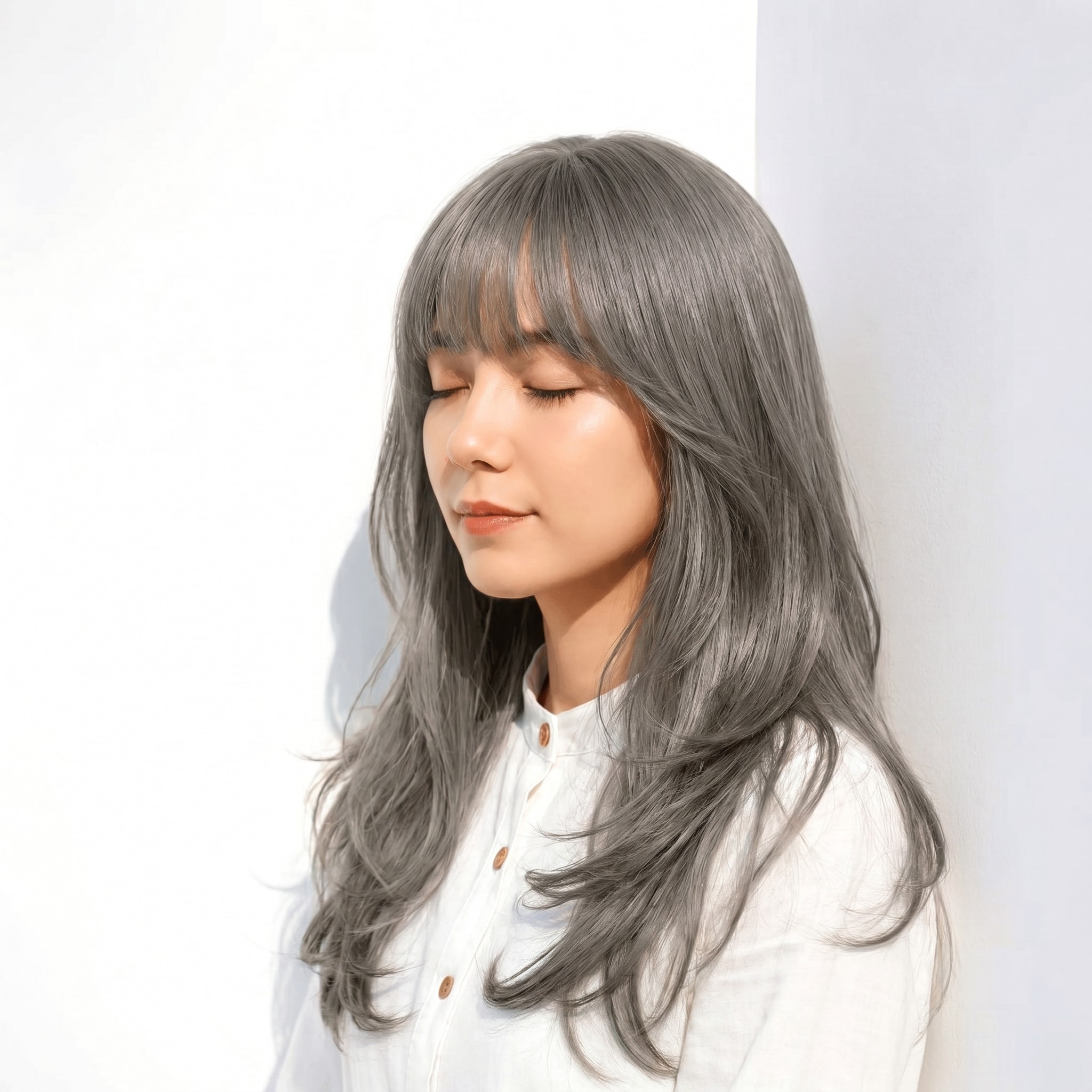 2. アッシュグレージュ×ロングヘア: シルバーの陰影で上品な奥行きを演出