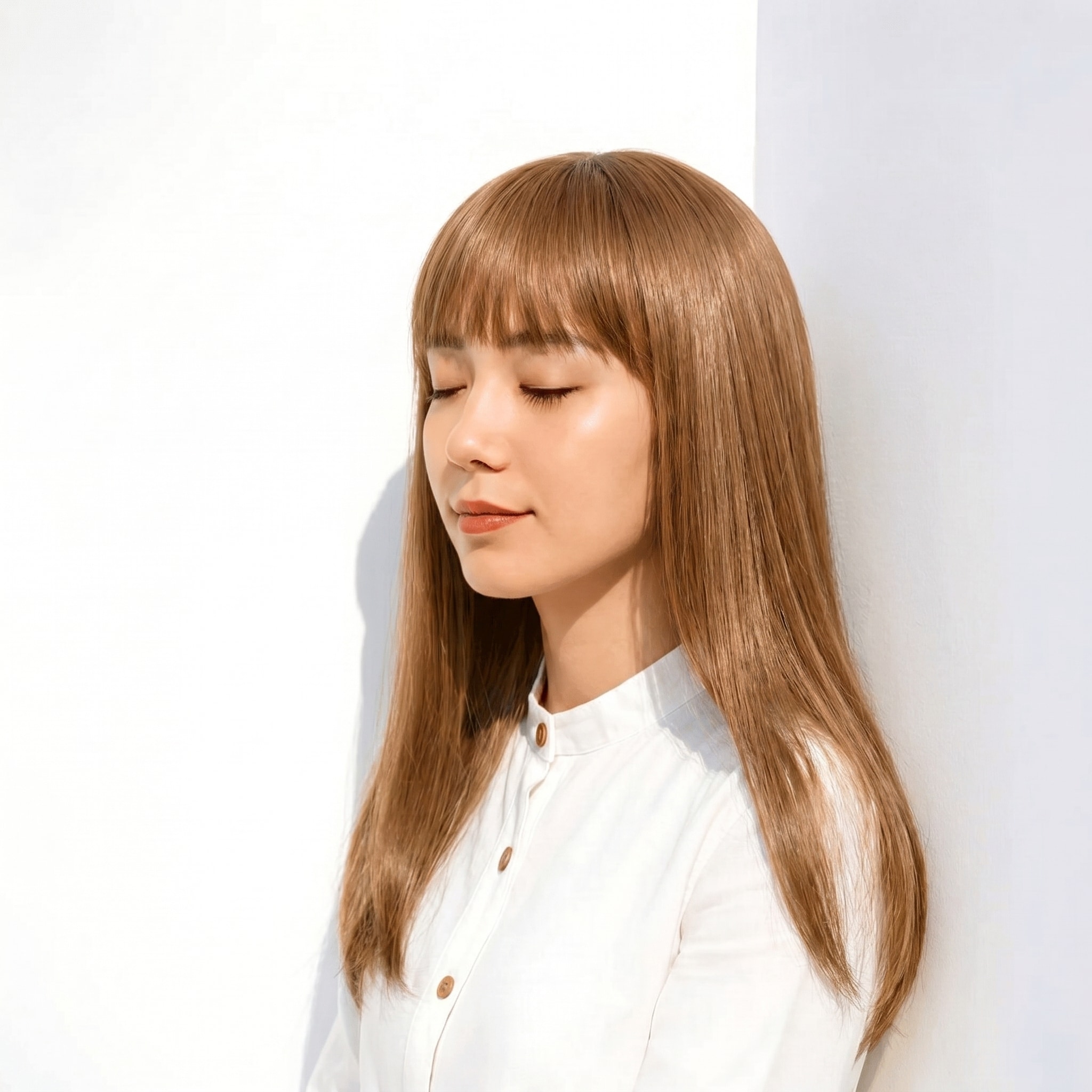2. イエローブラウン×ロングストレート: 黄みベージュの透け感で重さを抑えて上品に