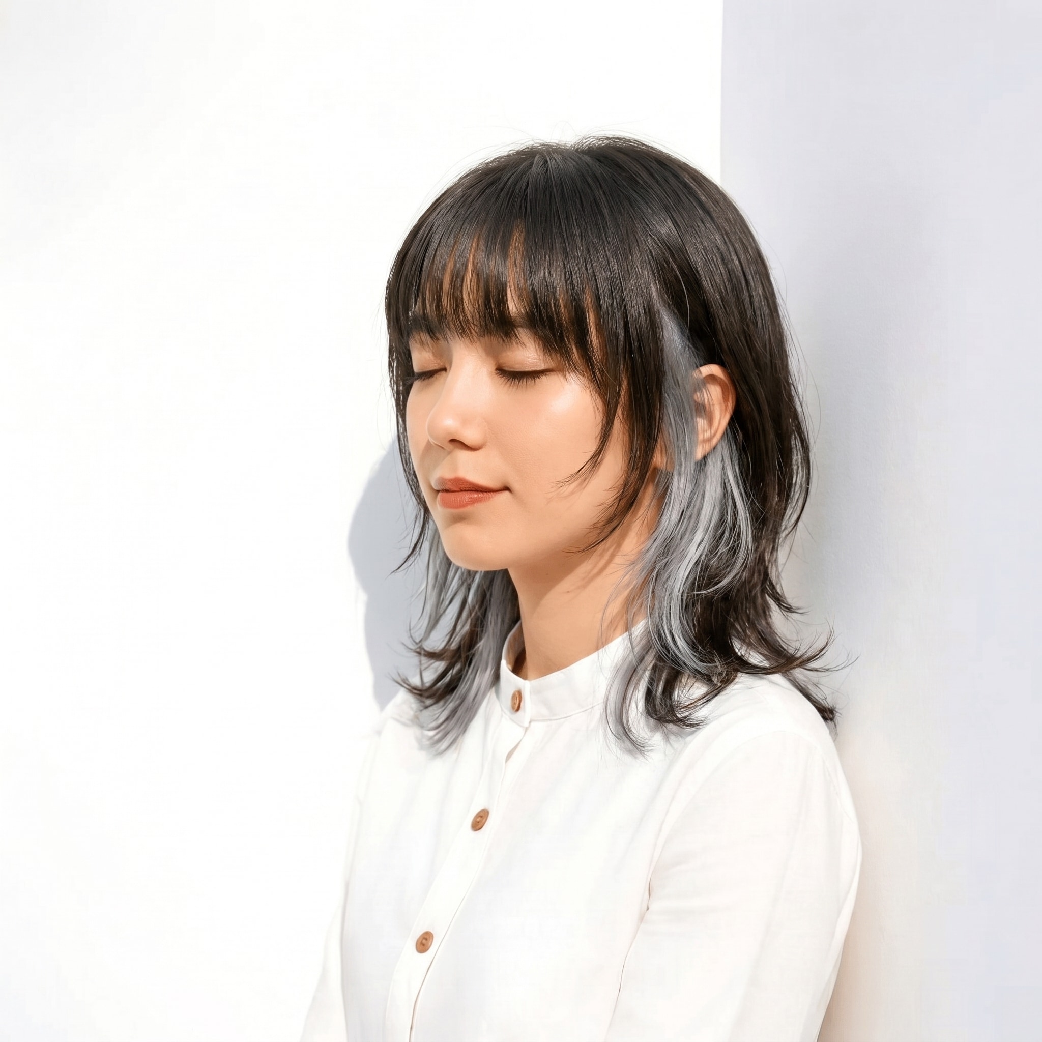 2. インナーカラー×シルバー×外ハネミディアム: 内側からのぞく色味で、表情まで軽やかに見せる