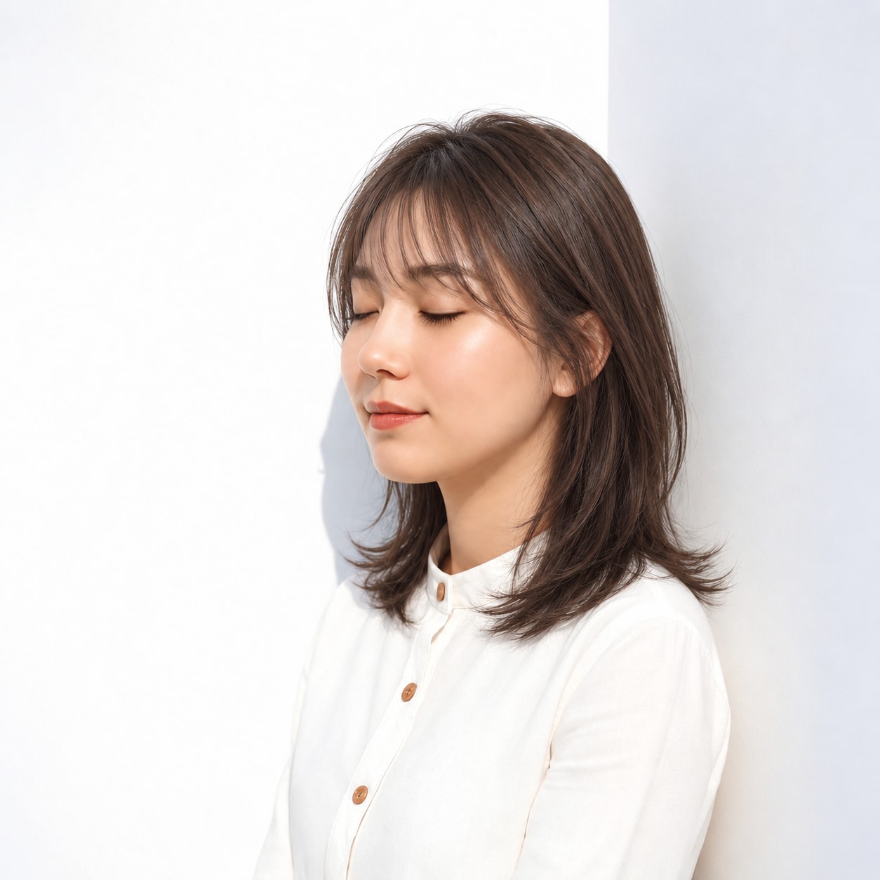 2. エアーバング × レイヤーミディアム：ふわりと流れる前髪が丸い輪郭にやさしくなじむ