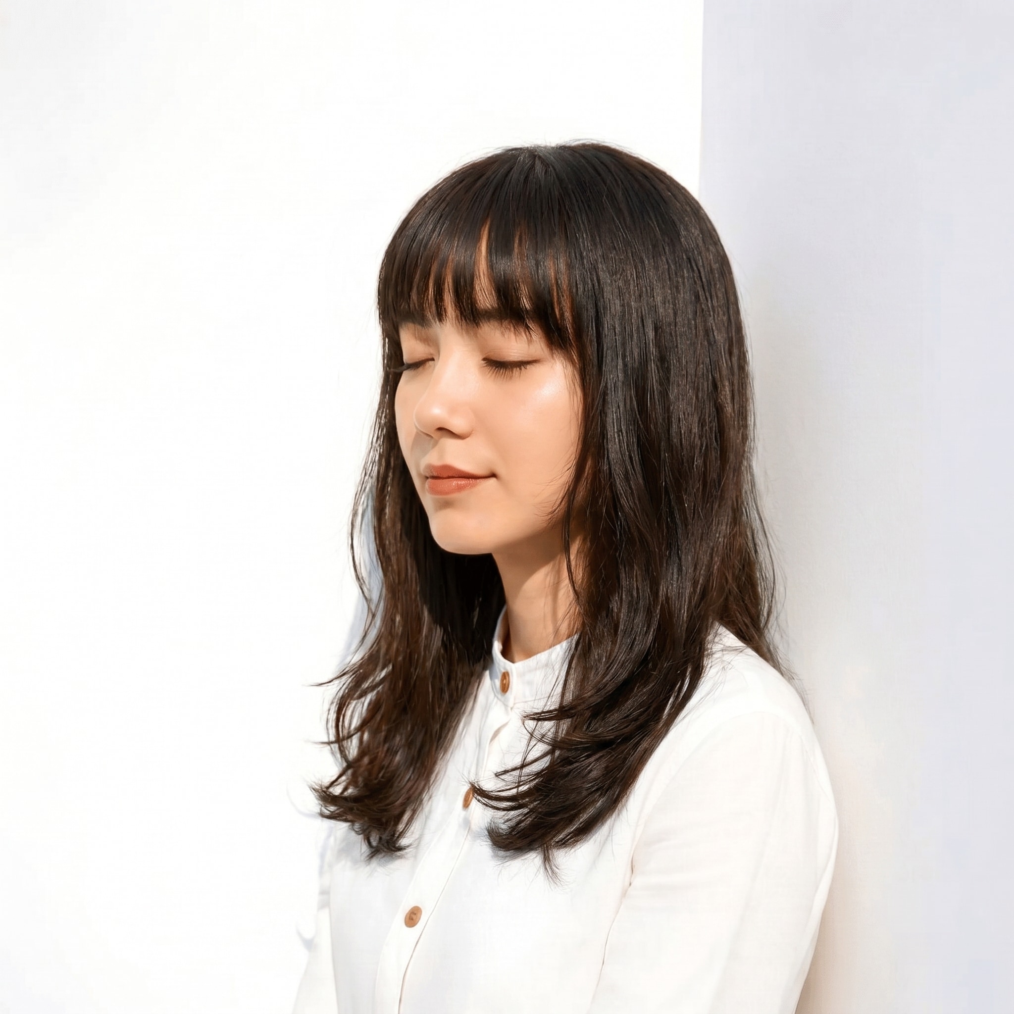 2. オリーブアッシュ×ミディアムレイヤー: 縦長シルエットで軽やかに揺れる髪色