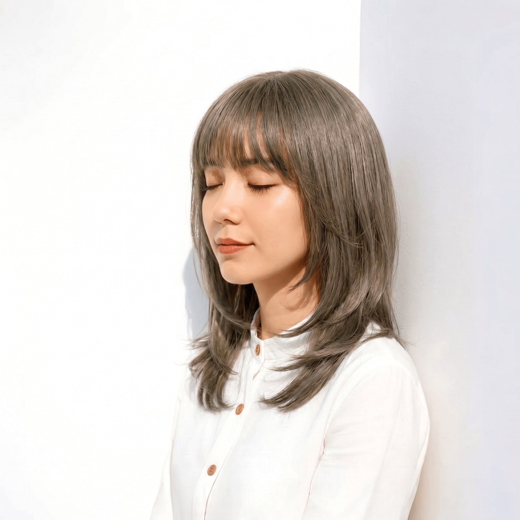 2. オリーブアッシュ×透け感：レイヤーが生む軽やかな動きと透明感