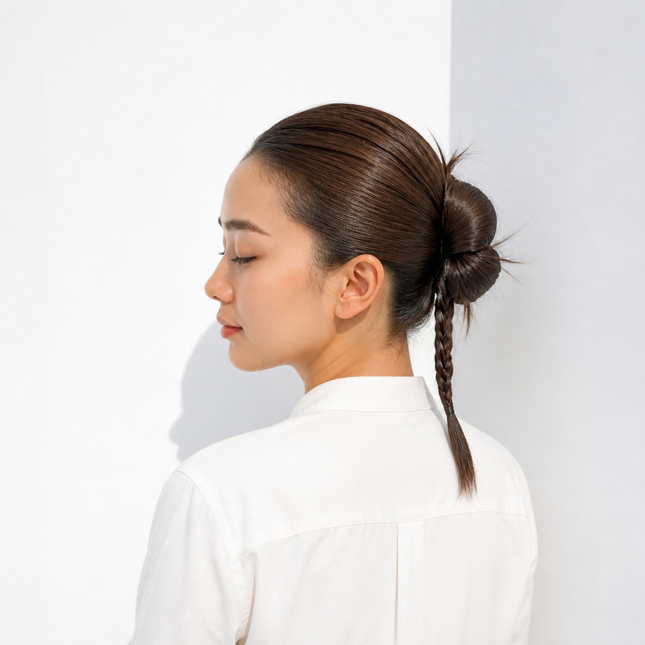 2. カチモリヘア × 低めお団子：一本の三つ編みですっきり