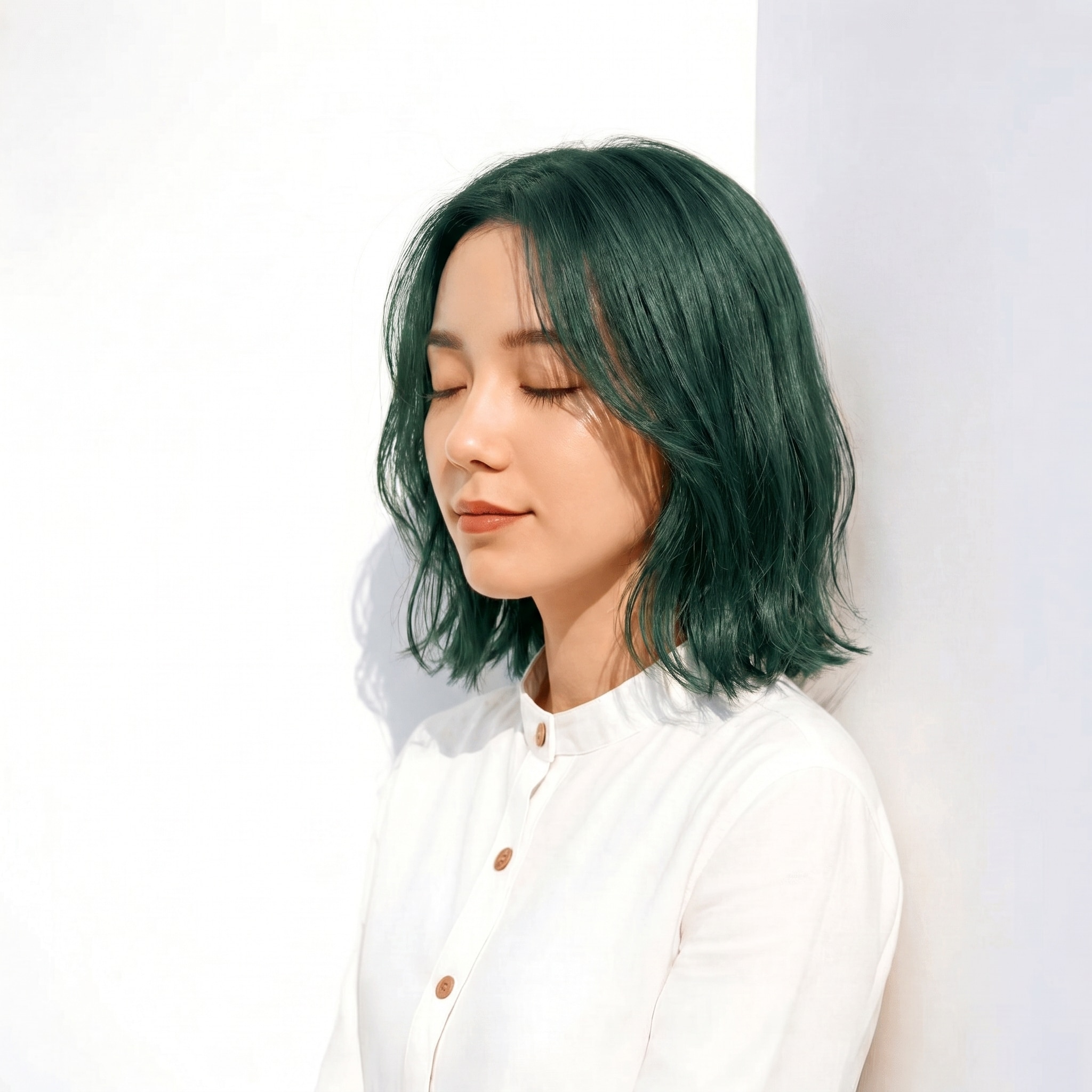 2. カーキアッシュ×外ハネミディアムボブ: ダークな緑灰ニュアンスで落ち着きと抜け感を両立