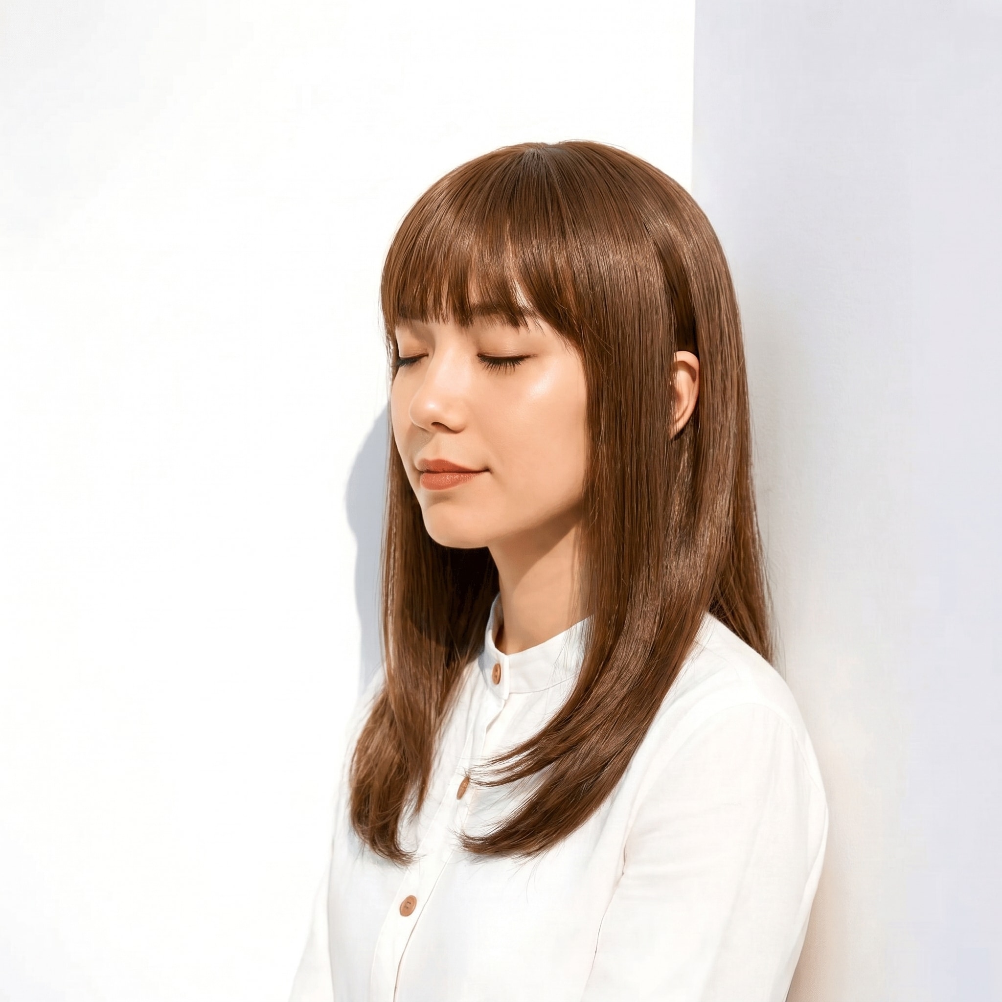 2. カーキブラウン×マットブラウン×顔まわりレイヤー: 顔まわりに余白を作り、表情を明るく見せる
