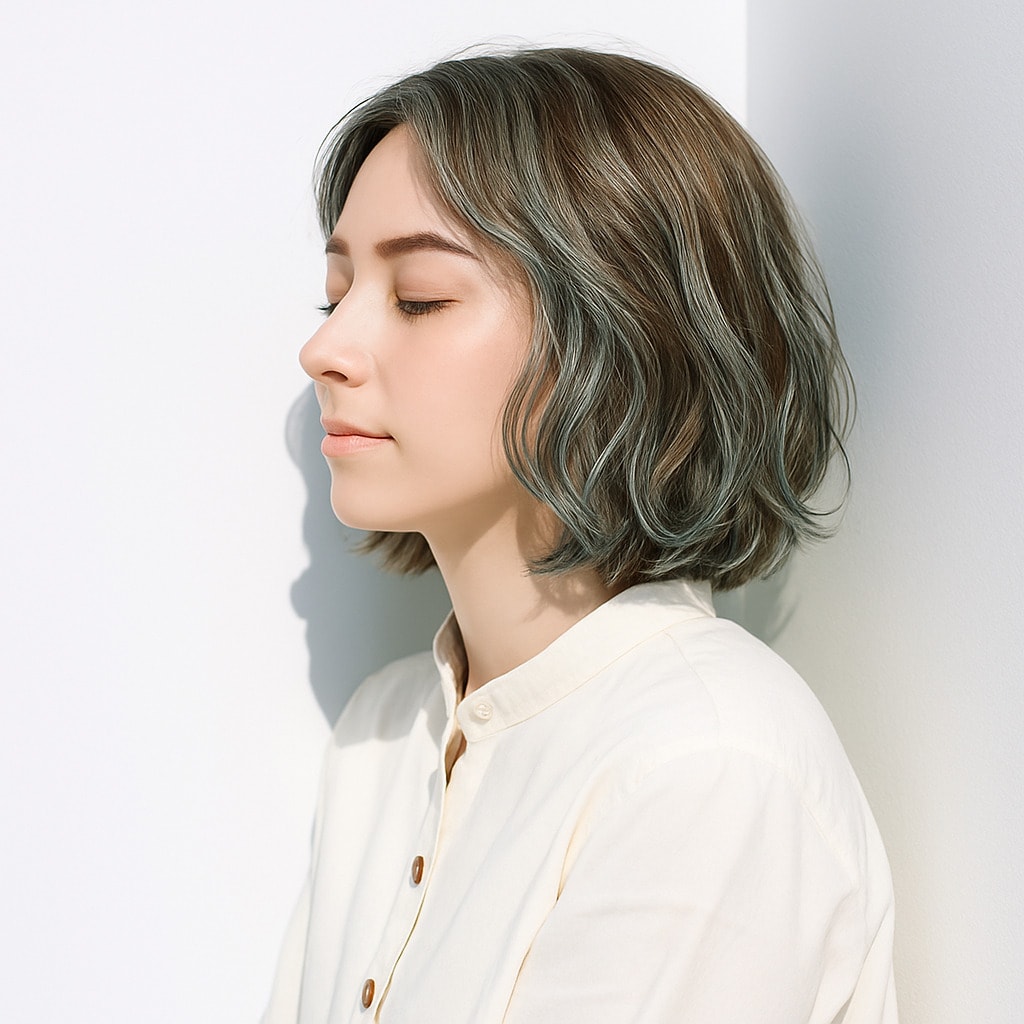 2. カーキベージュ×ミックスカラー：顔まわりに自然な陰影をプラス