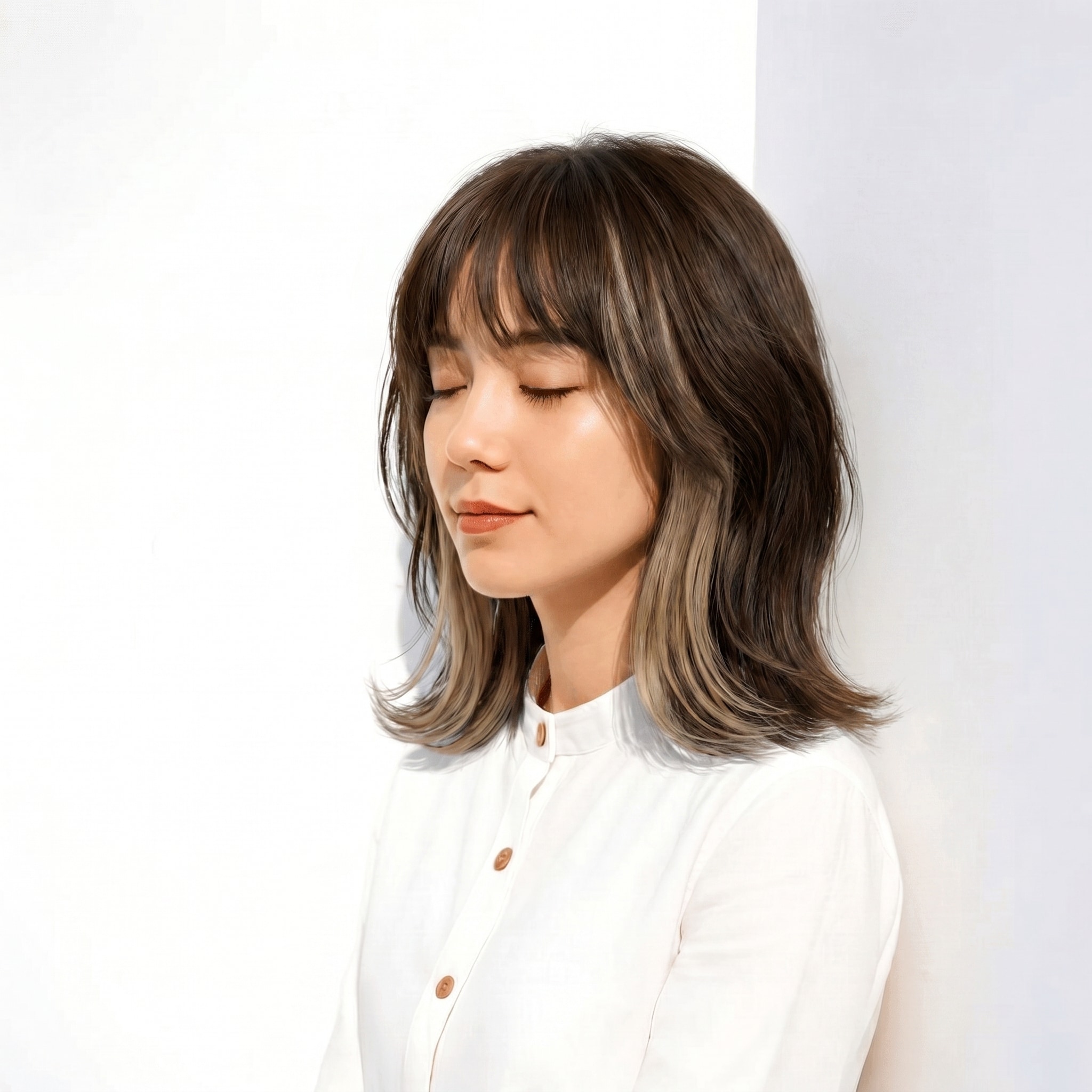 2. グレーベージュ×ミディアムウェーブ: 青みグレーが透け感を引き立てる
