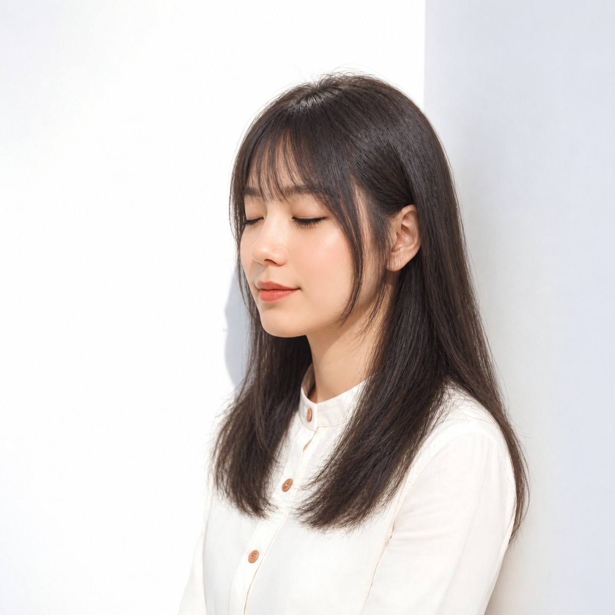 2. サイドバング × 流し前髪：頬横に斜めの線が生まれ、横顔へ奥行きが出ます