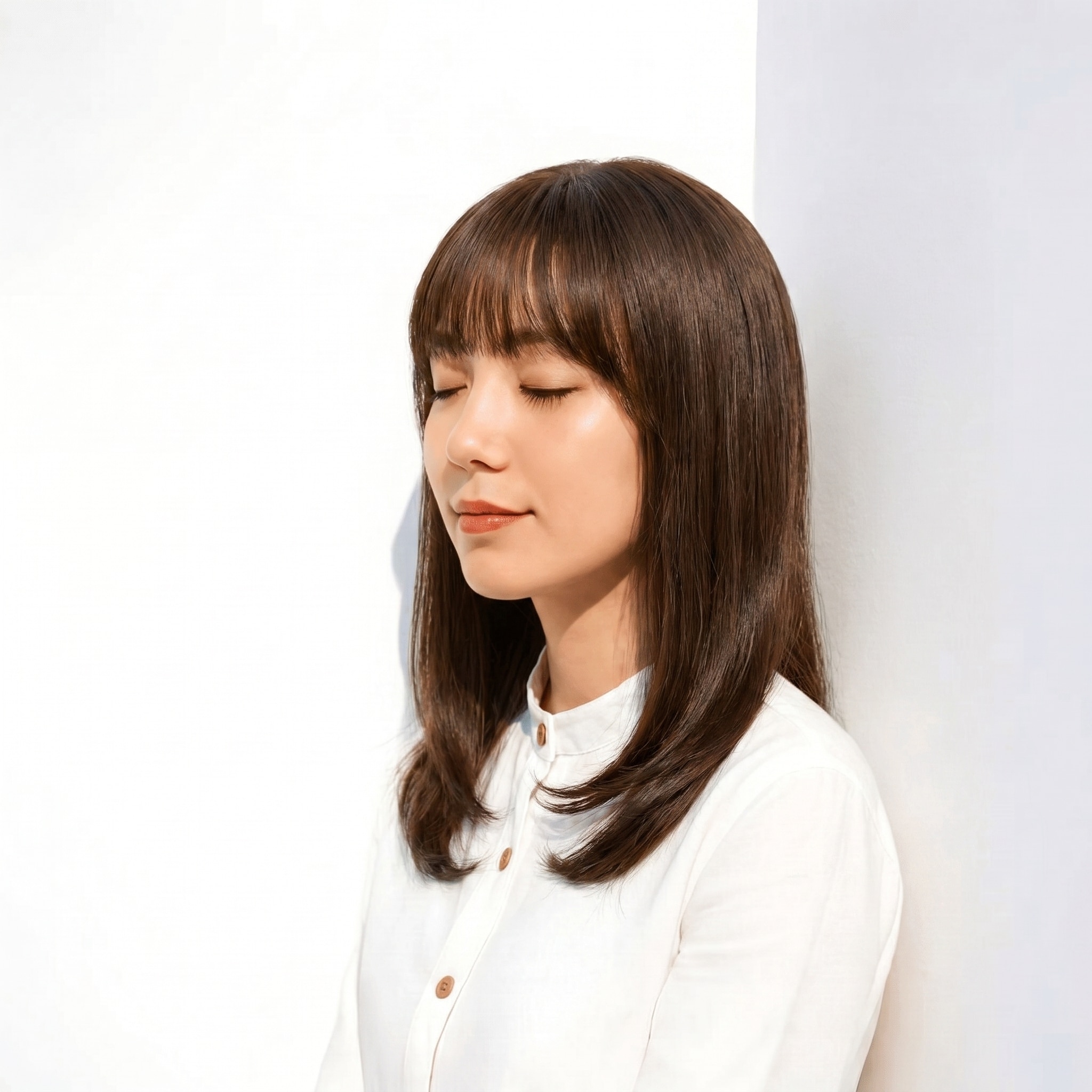 2. ショコラブラウン×ミディアムストレート: やわらかな丸みで上品な印象に