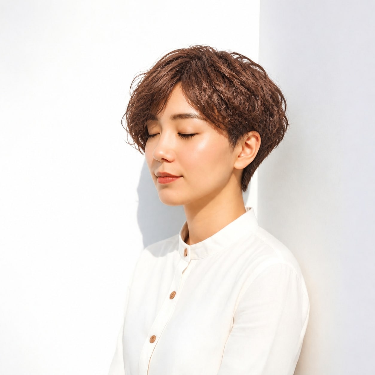 2. ショートパーマ × カッパーブラウン：細かなカールで短い髪が華やかに見える
