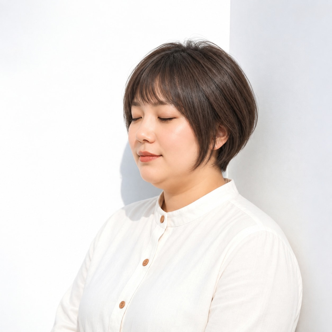 頬の横に髪を残したダークブラウンの丸みショート