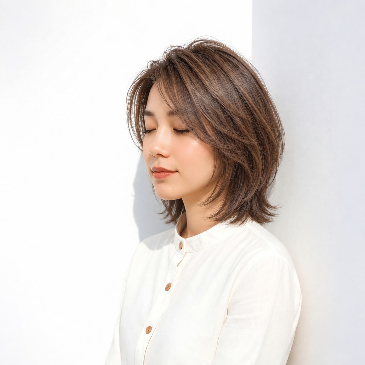 2. ショートレイヤー × 長め × 耳かけショート：顔まわりに余白ができ、ショートの輪郭がすっきり見えます