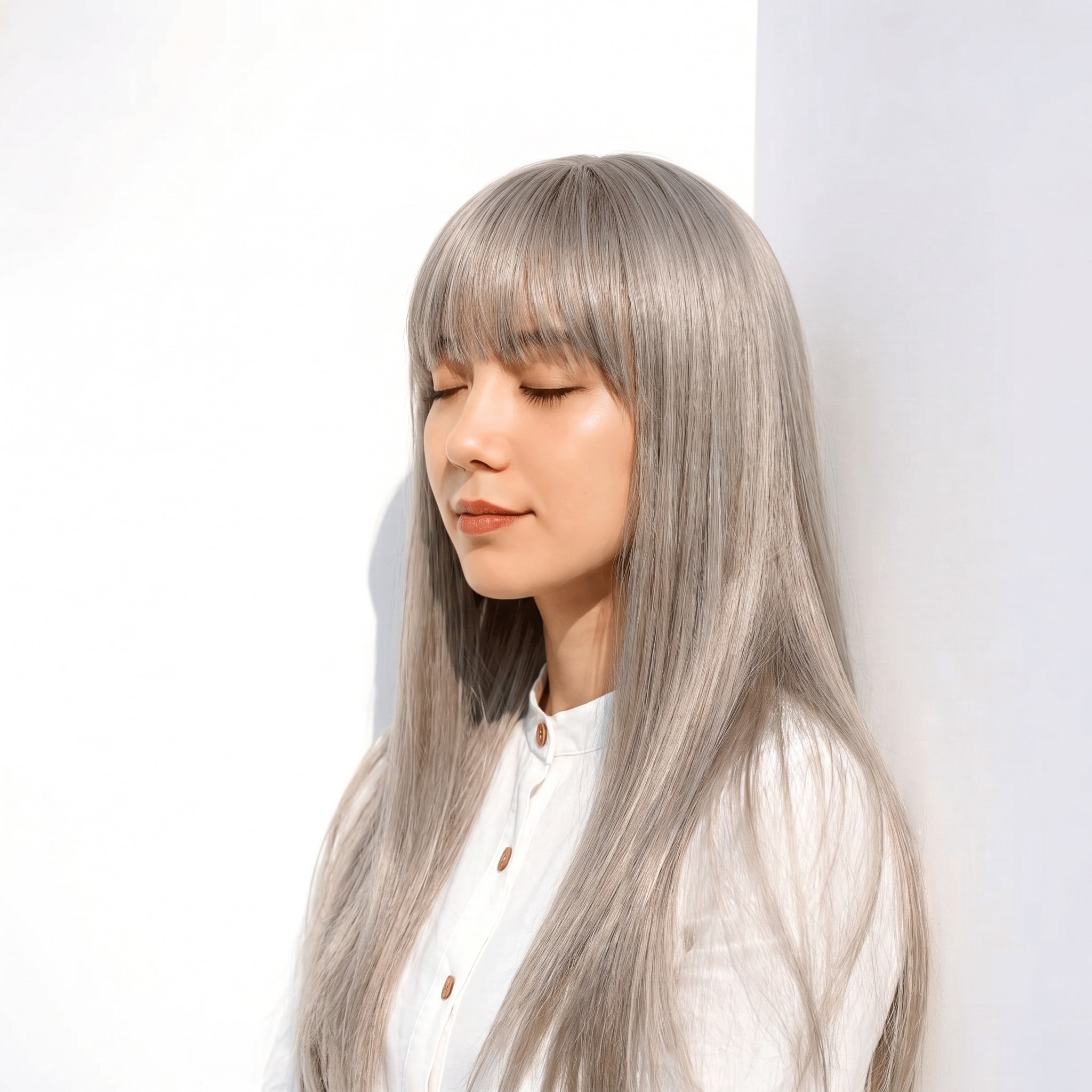 2. シルバーグレージュ×ストレートロング: 白っぽい透明感とベージュで肌から浮きにくい