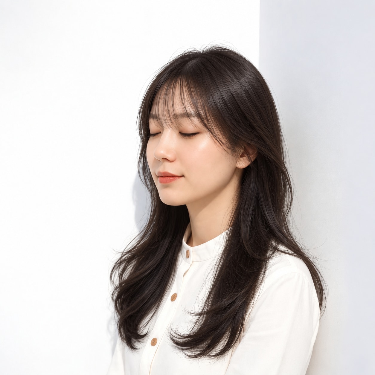 2. シースルーバング × 黒髪ロング：細い束で目元を軽やかに
