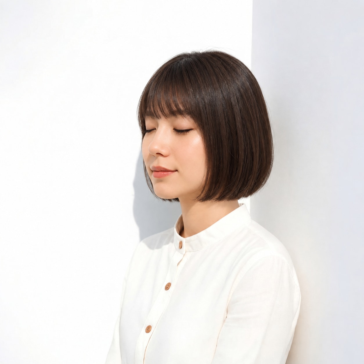2. ストレートボブ × 前髪あり × 襟足短め：後ろに奥行きが出て、横から見た形が端正に整います