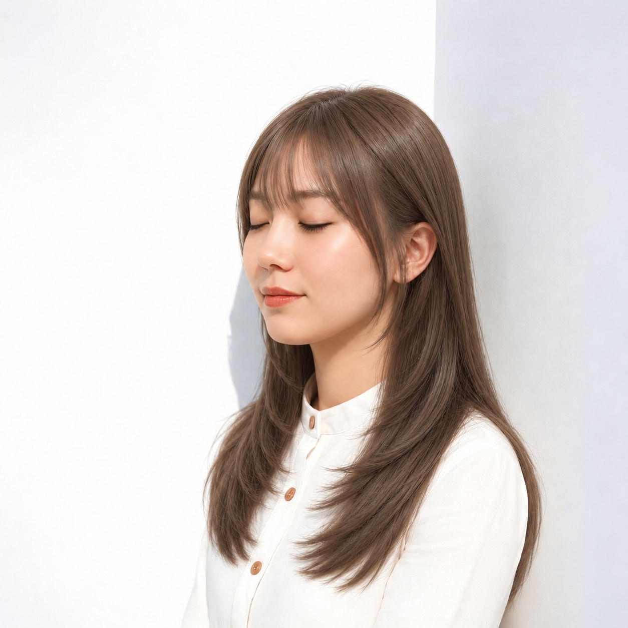 2. ストレートロング × アッシュブラウン：長いラインで端正な表情