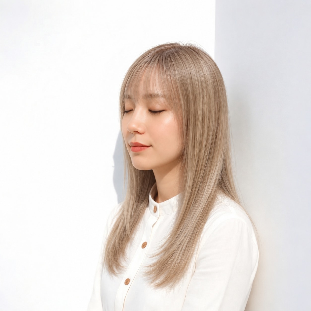 2. ストレートロング × アッシュベージュ：淡い色をまとった可憐な髪
