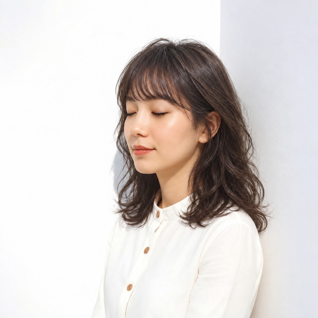 2. セミロングパーマ × ゆるめ × ワンカール：根元は落ち着き、広がりを抑えながら動きを足せます