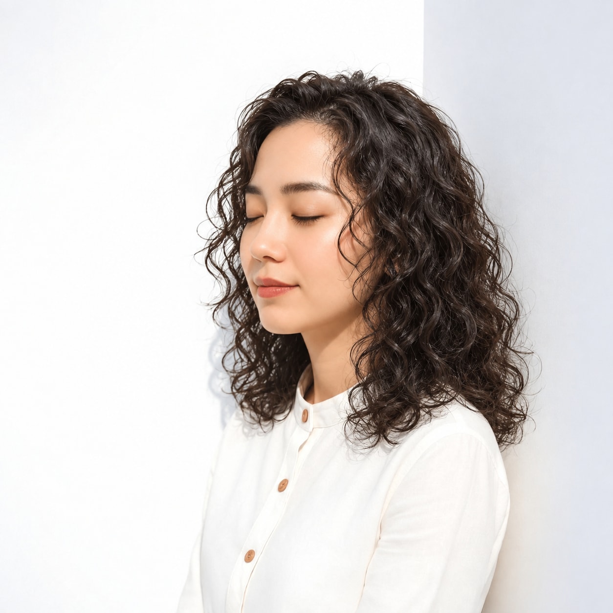 2. セミロングパーマ × 強め × 強めパーマ：カールの陰影がはっきりし、短い髪にも奥行きが出ます