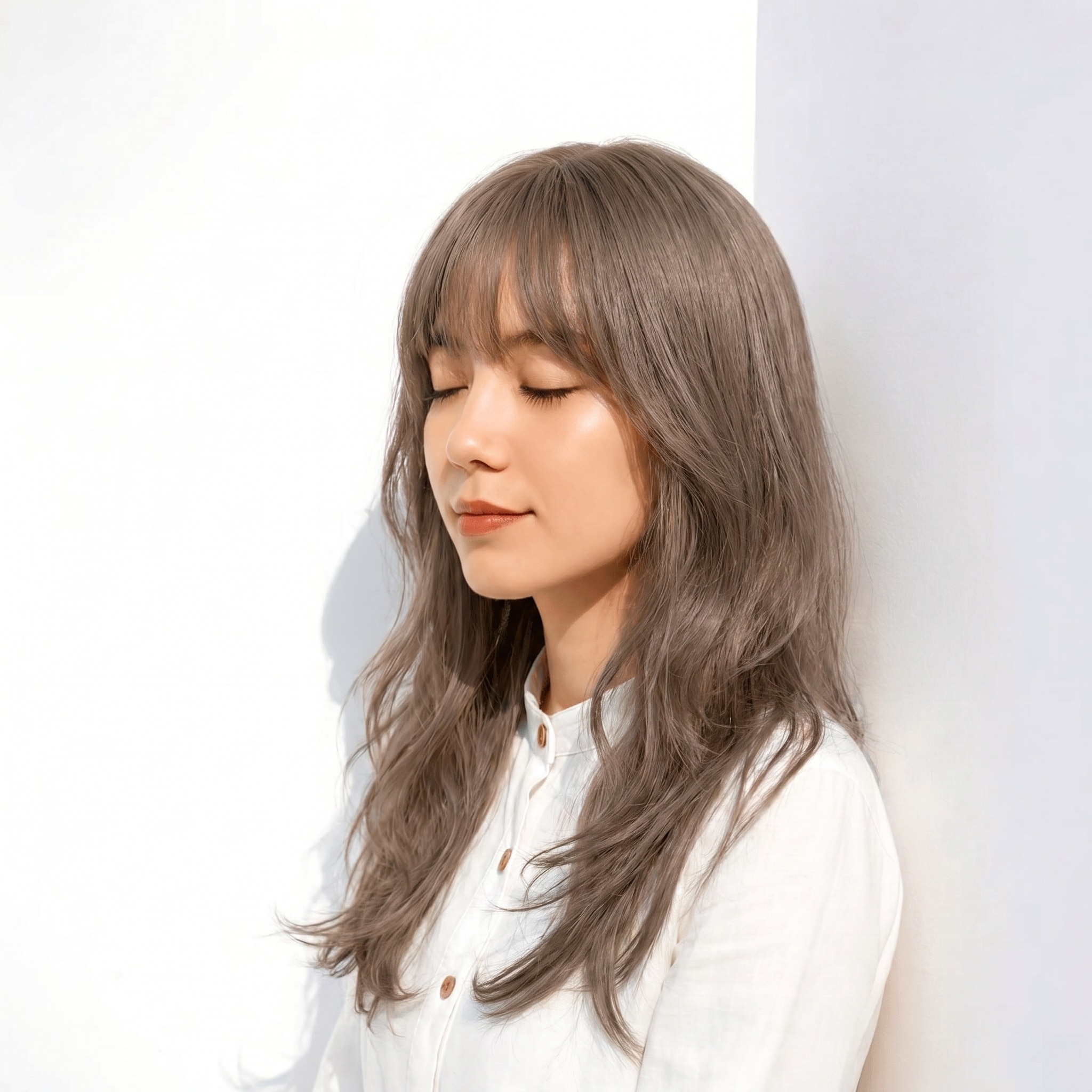 2. ダークグレージュ×透明感: ゆるいSカールで柔らかな陰影を演出