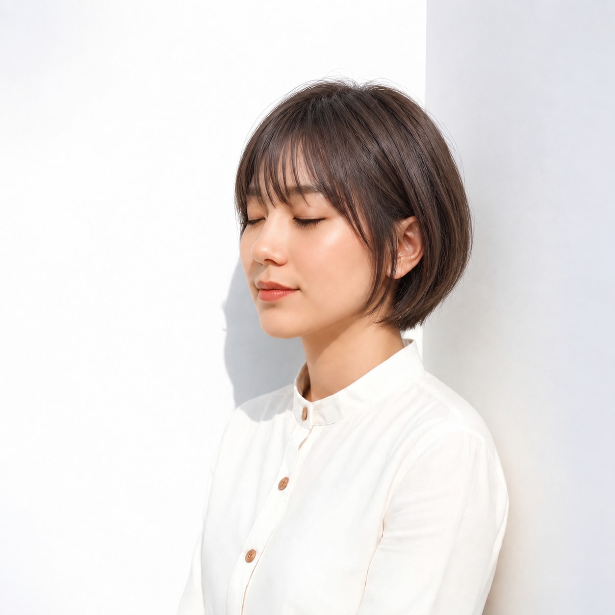 2. ダークブラウンボブ × サイドバング：頬の細い髪で軽く縁取る
