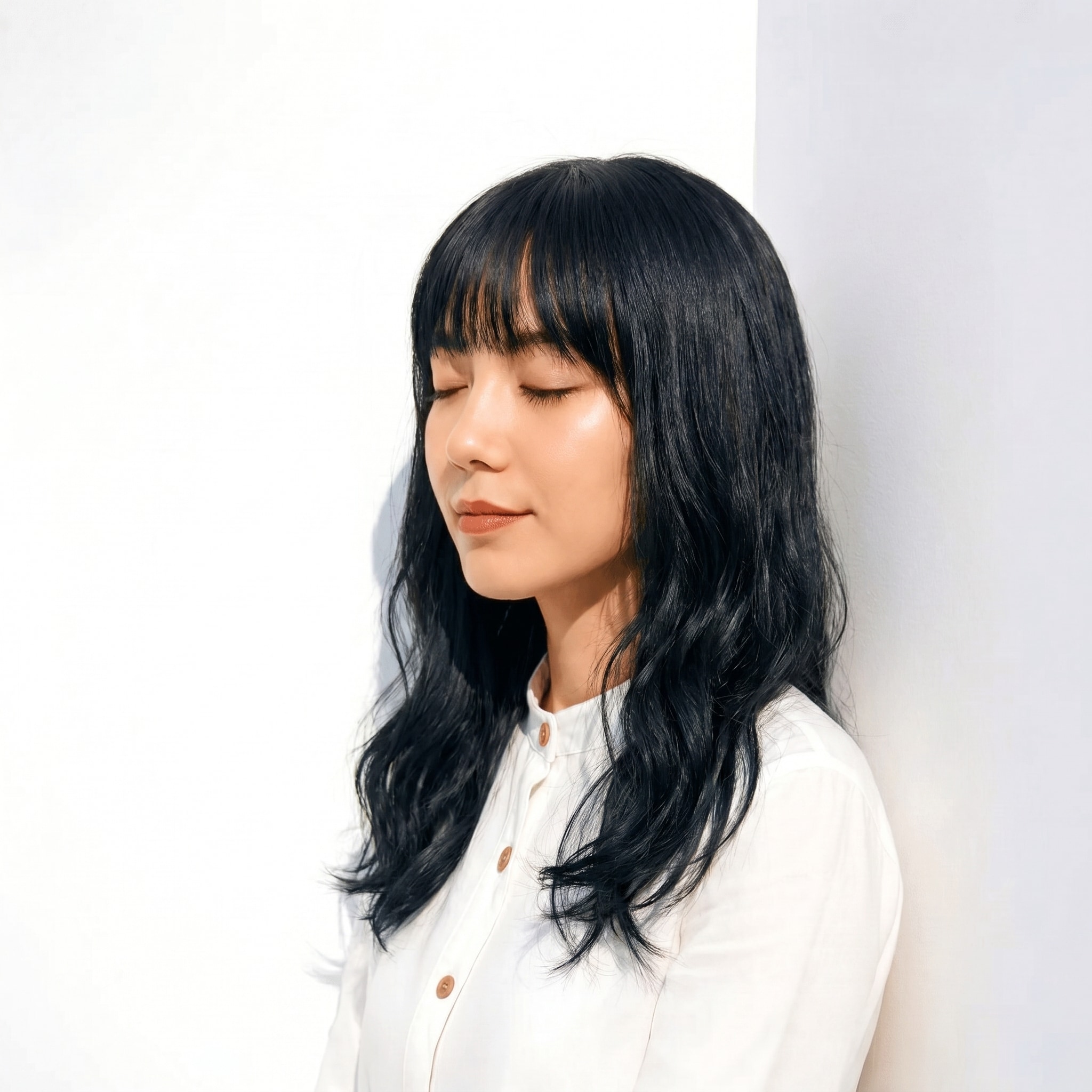 2. ネイビーアッシュ×厚めバング×ストレート質感: なめらかなツヤで上品さを引き立てる