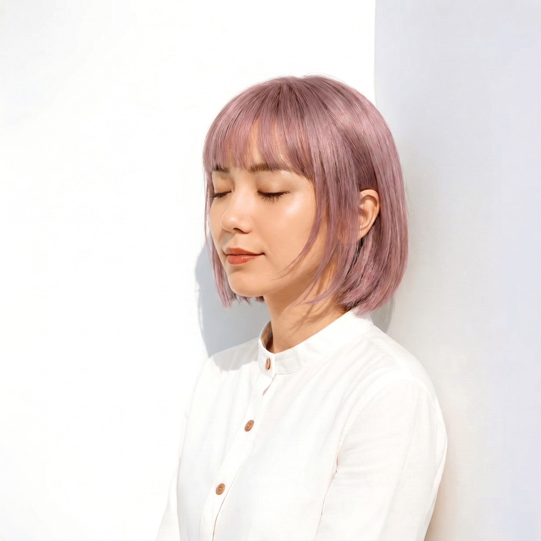 2. パープルシルバー×丸みストレートボブ: ラベンダーの柔らかさで涼しげに洗練
