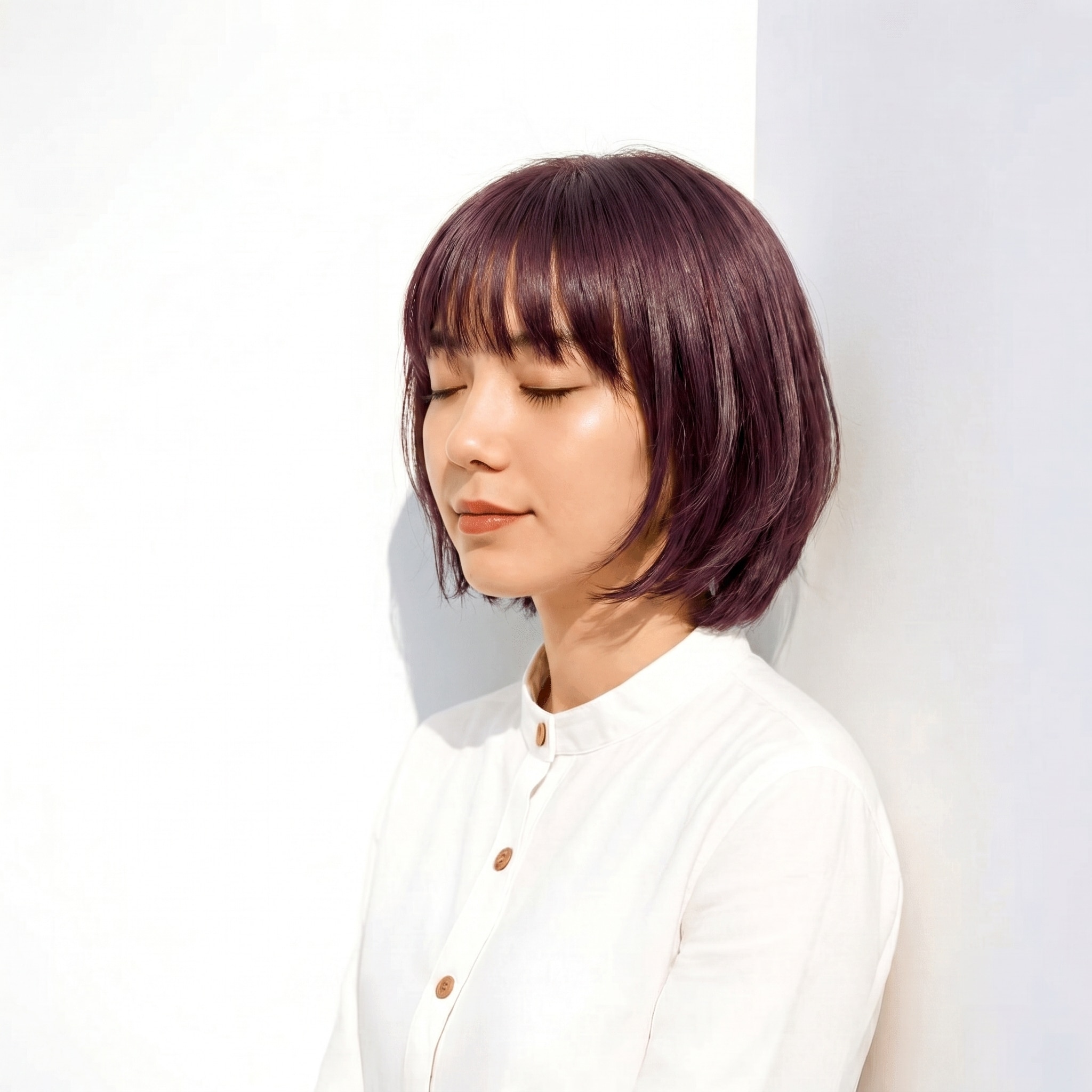2. パープルブラウン×内巻きボブ: 赤みを抑えた寒色感で、透明感をきりっと引き出す