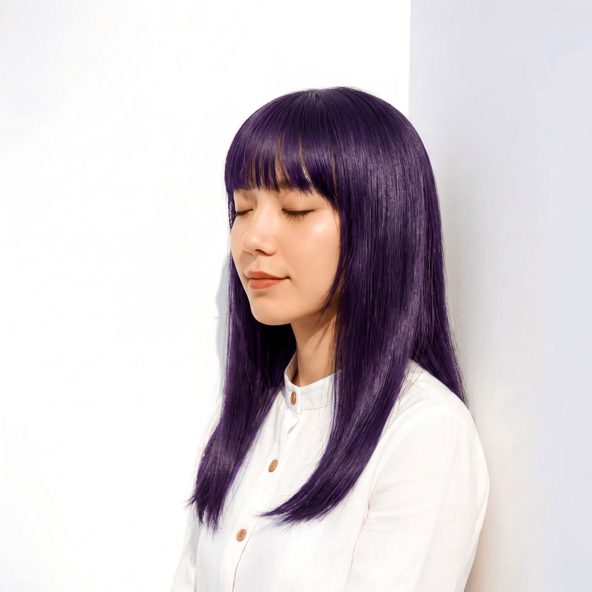 2. パープルブラック×ストレートロング: 濃い青紫で黒髪ロングがクールにまとまる