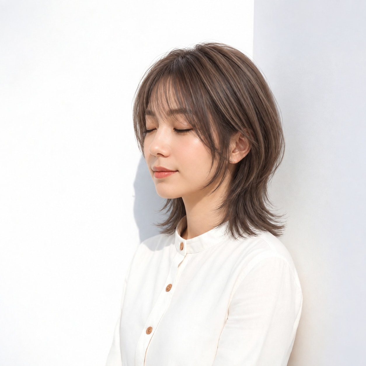 2. ハッシュカット × ミディアム × くびれシルエット：上の丸みと下の動きが分かれ、横顔にメリハリが出ます