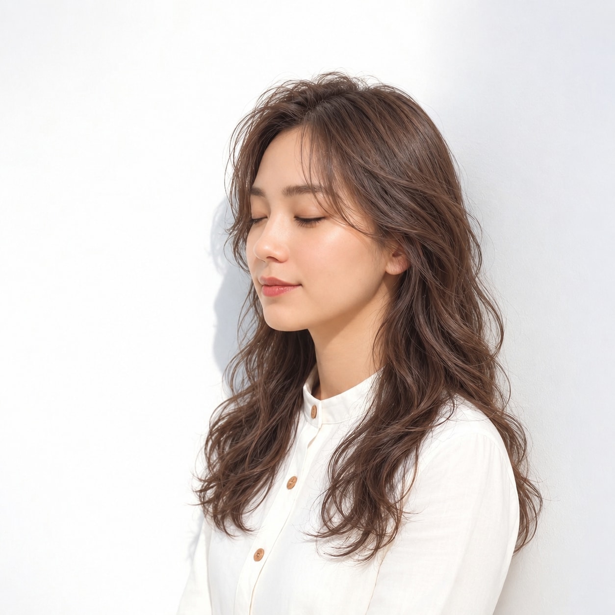 1. ウェーブパーマ × ロング × ブラウン：流した前髪とゆるい動きで自然に仕上がる