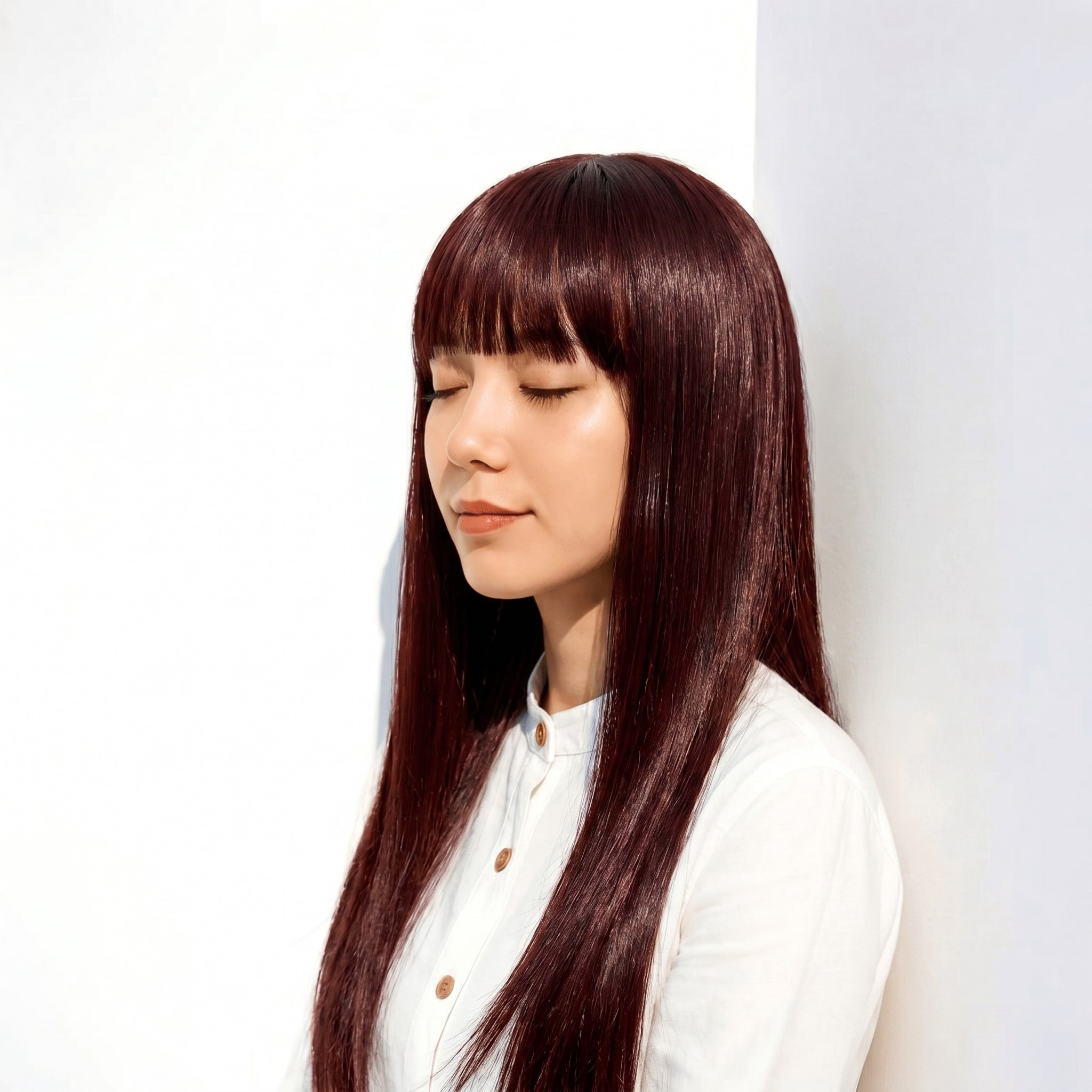 2. ブリーチなしピンクブラウン×ロングストレート: 深みのある色味が縦ラインを美しく強調