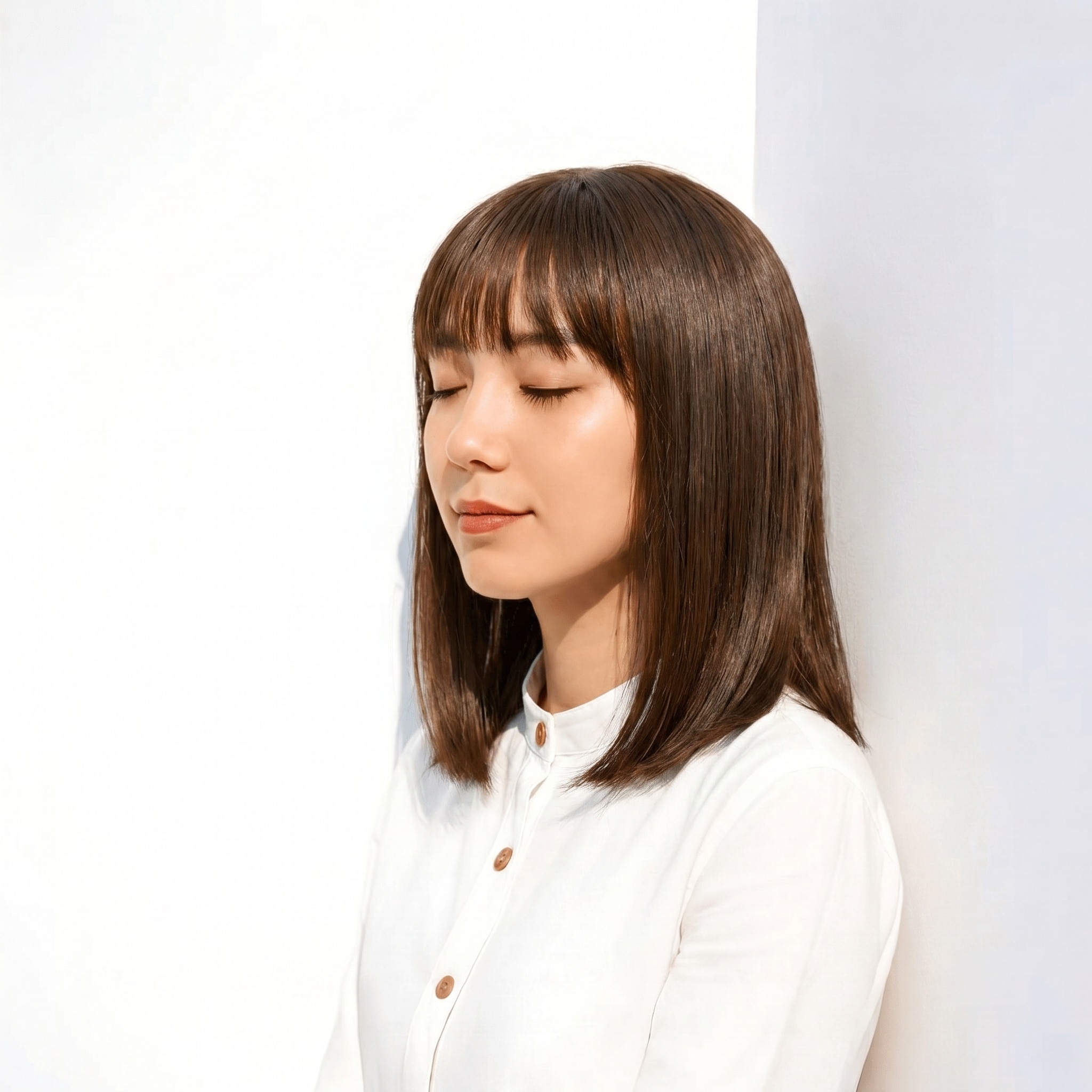 2. ブリーチなしミルクティーベージュ×ワンレンストレート: ツヤ感が輪郭をすっきり見せる
