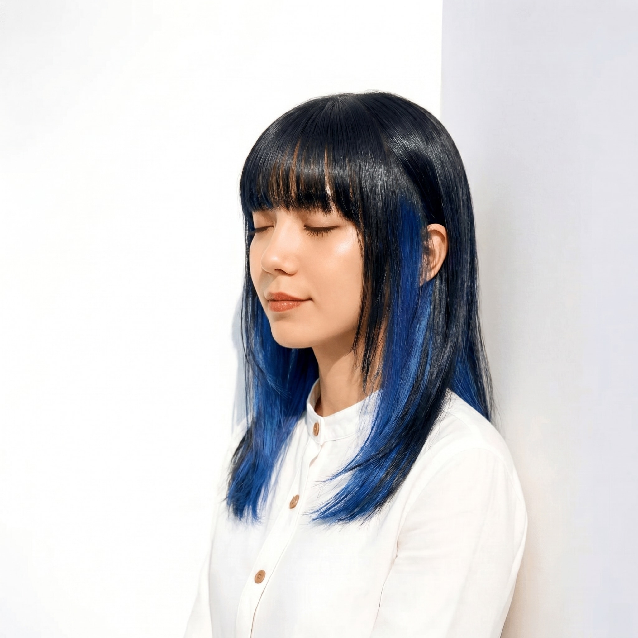 2. ブルーアッシュ×ミディアムストレート: フルバングで顔まわりすっきり見せる