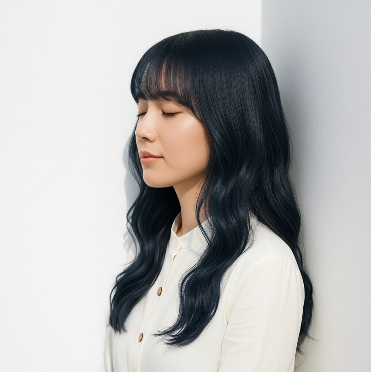 2. ブルーブラック×ゆるウェーブロング：黒髪寄りの青でシックな艶を演出
