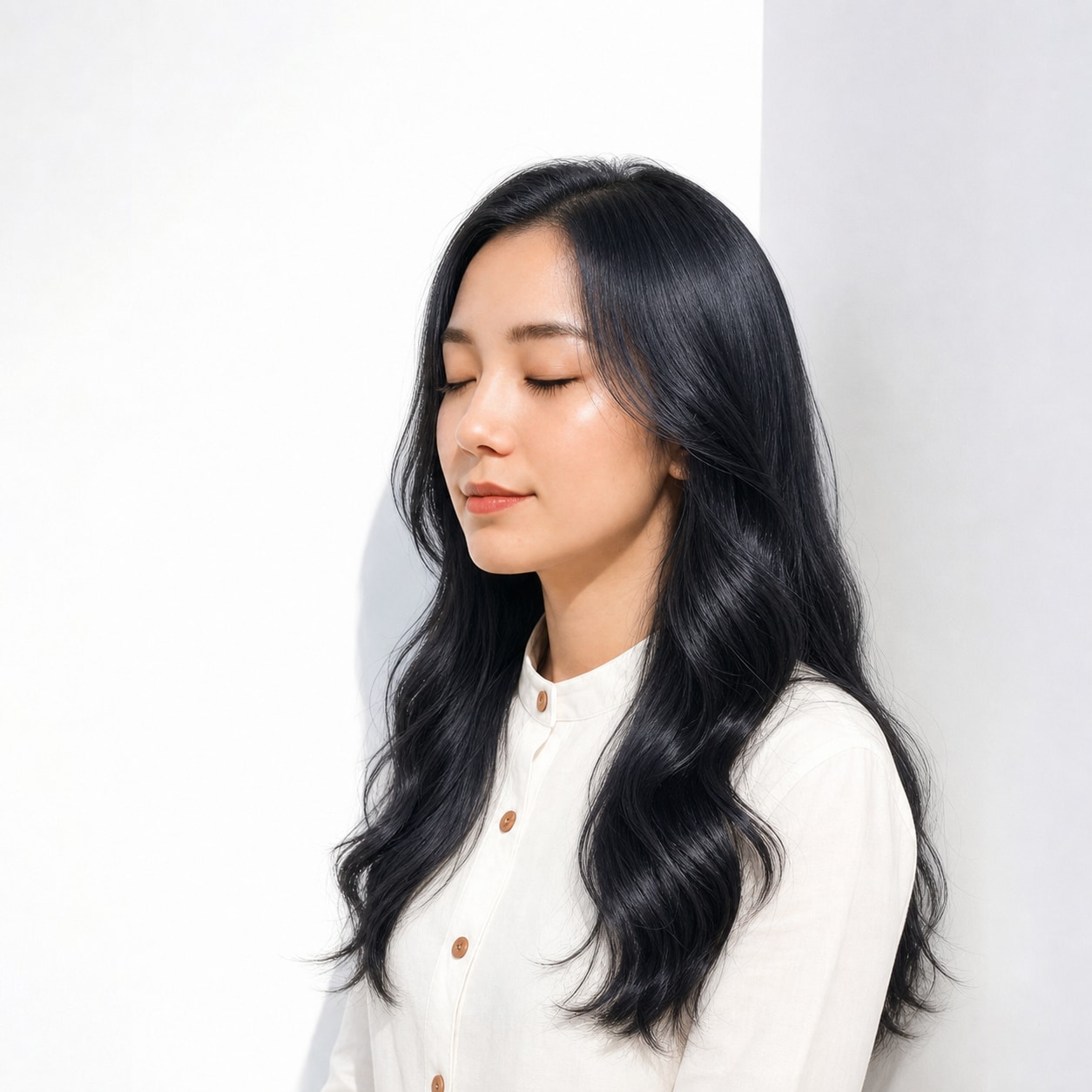 2. ブルーブラック×ブリーチなし×ウェーブロング: 青みのあるツヤで巻き髪が重くなりにくい