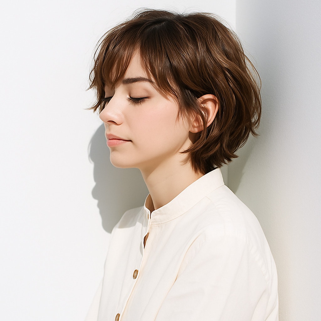 2. フォギーベージュ×ショートボブ：動きが出るレイヤーで洗練された印象に